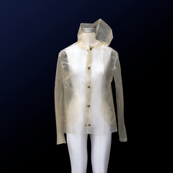 A translucent raincoat made of a bioplastic on a dress form.