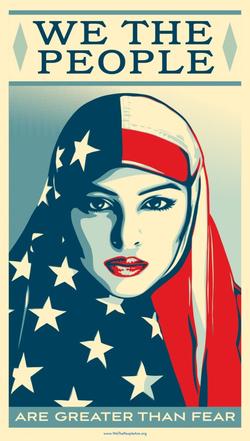 Poster illustration by artist Shepard Fairey of a Muslim woman wearing a headscarf printed with the American flag.