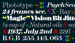 Example of font styles in white and multi-color on black background.