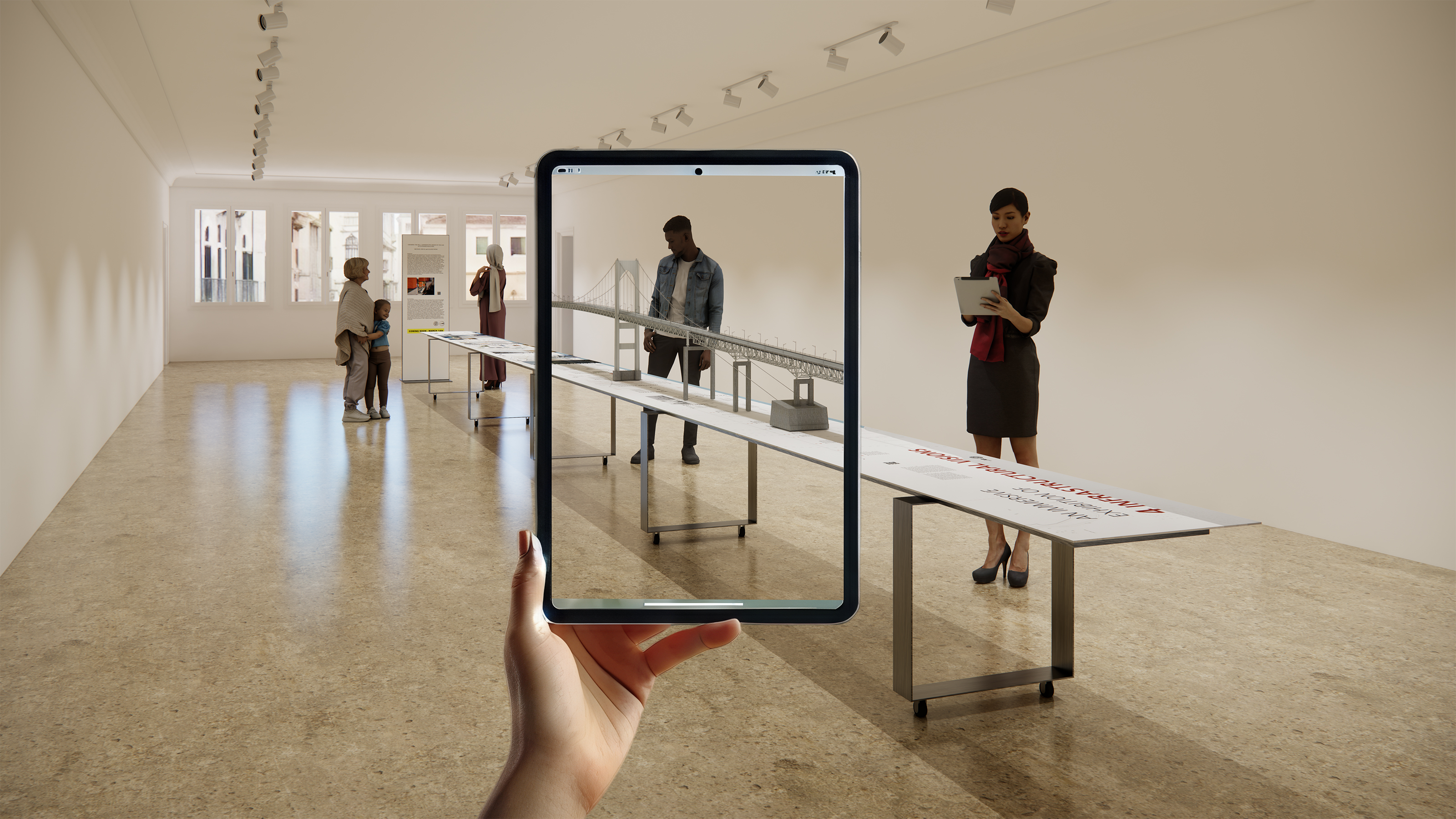 rendering of Crossing the Pell in which viewers use AR to see bridge design