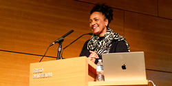 Lesley Lokko on stage at the Metcalf Auditorium