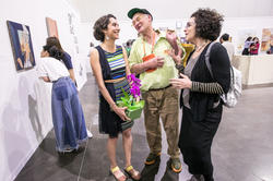 Graduating student Arghavan Khosravi MFA 18 PT, Professor of Painting Dennis Congdon 75 PT, and President Rosanne Somerson 76 ID at the opening reception of the thesis exhibition