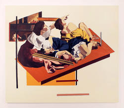 Student painting with three figures sitting down