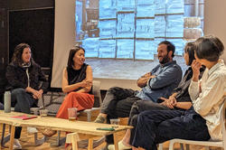 Amelyn Ng leads a panel discussion in RISD's BEB