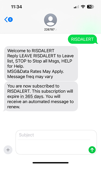 Text alert view of receiving a message from RISDAlert.