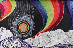 Liz Collins textiles piece featuring rainbows and mountains