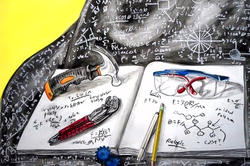 An illustration of science equations in a book and other tools