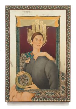 Student painting of a woman facing forward and a headless man facing away