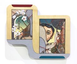 Student painting using mixed media painted on wood and concrete