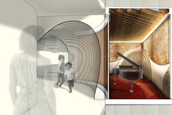 A hallway with a red rug and a piano on the right and an image of students running through the hall on the left.