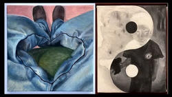 an illustration of jeans in the shape of a heart and a ying and yang