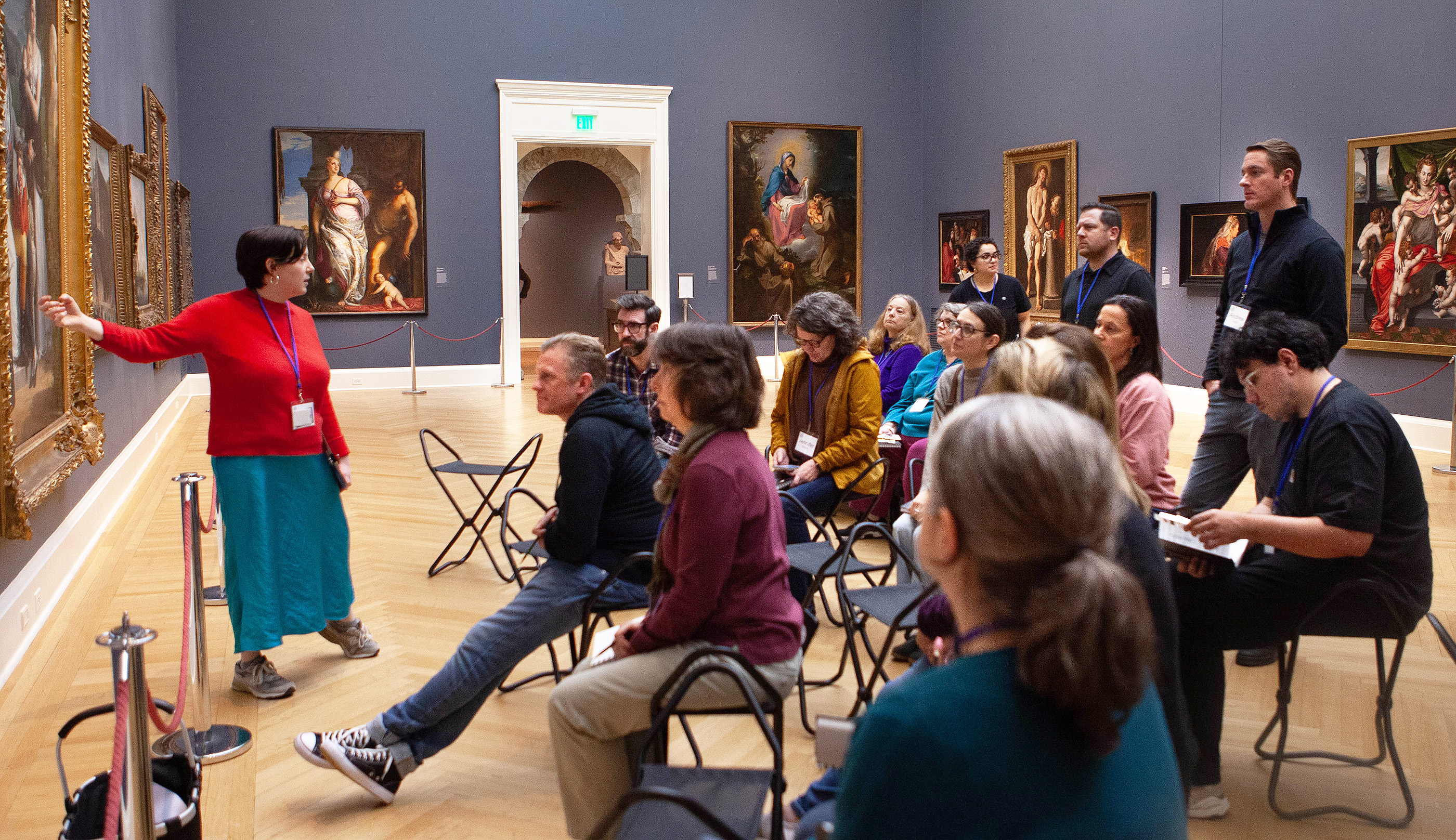 Liz Carroll leads a close looking session in the RISD Museum Grand Gallery