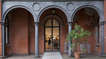 image of exhibition reception at Woods-Gerry featuring building arches