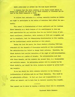 typed document titled “White Affirmation of Support for the RISD Black Community”