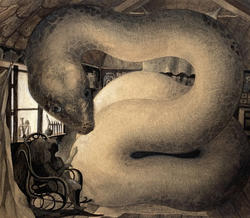 Student work by Illustration alum Xinyan Wang of a room where a person in a chair is petting a giant snake.