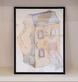 a framed illustration of a house sprouting arms and other living parts